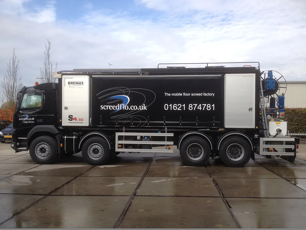 Black batching lorry branded Screedflo